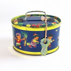 Vintage Tin Coin Bank Blue Yellow Key And Lock